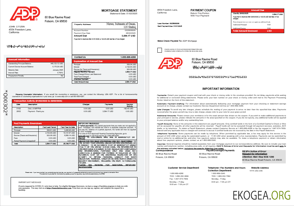 Relevé hypothécaire USA ADP aux formats Word et PDF 1 , 2